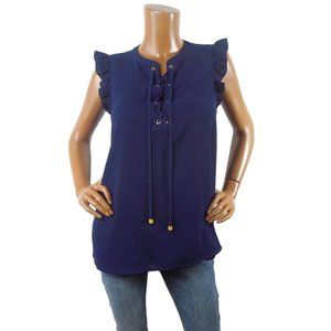 MICHAEL KORS Top M Navy Blue Blouse Gold MK Logo Lace Up Cap Sleeve Some Stretch